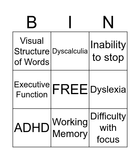 ADHD/LD Bingo Card