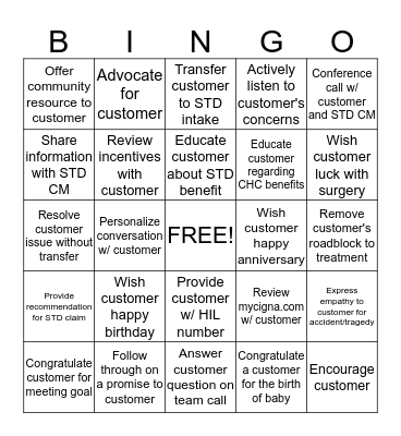 CHC Customer-Centricity Bingo Card