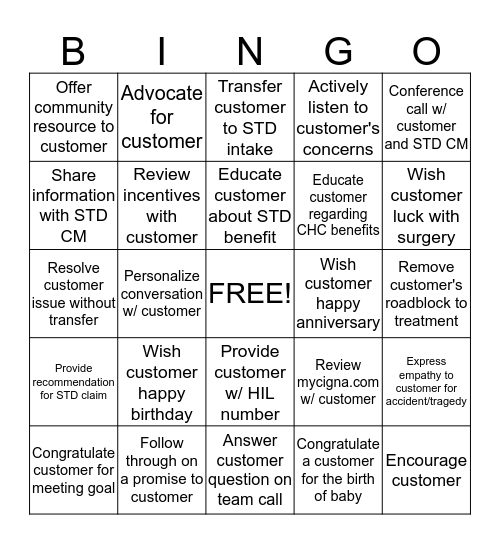 CHC Customer-Centricity Bingo Card