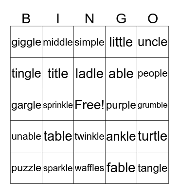 Final "Stable" Syllable Bingo Card