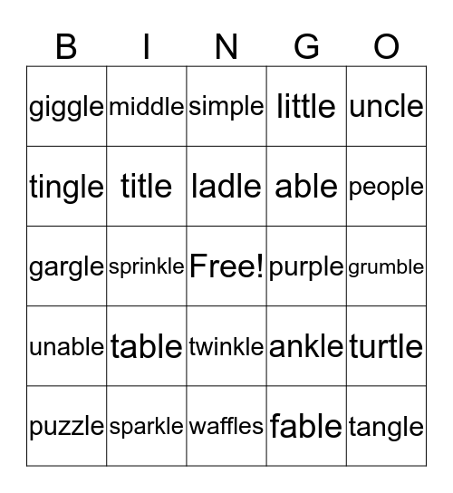 Final "Stable" Syllable Bingo Card
