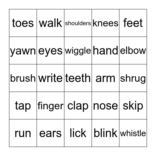 NOUNS and VERBS Bingo Card