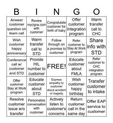 FMLA Customer-Centricity Bingo Card