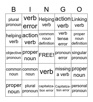 NOUNS AND VERBS BINGO  Bingo Card