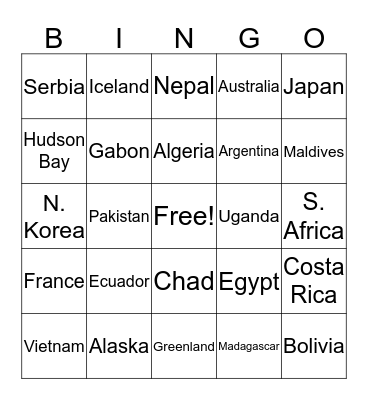 Longitude and Latitude Bingo Card