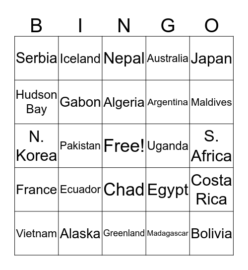 Longitude and Latitude Bingo Card