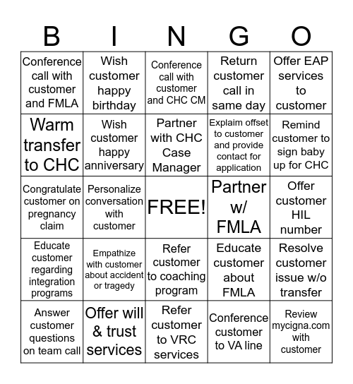 STD Customer-Centricity Bingo Card