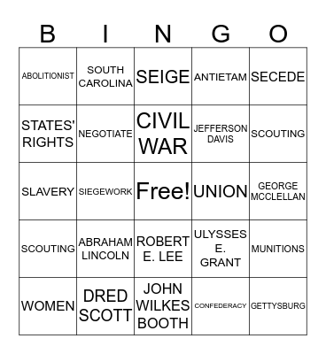 Civil War Bingo Card