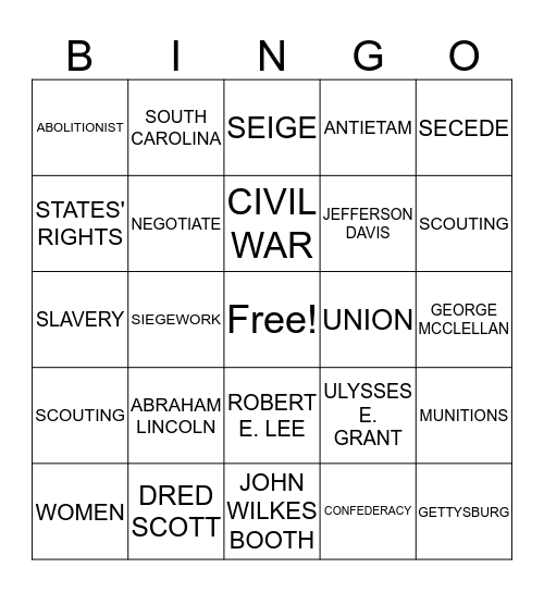 Civil War Bingo Card