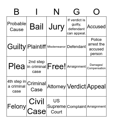 Criminal/Civil Cases BINGO Card