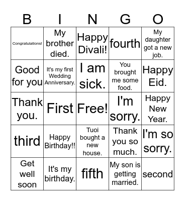 What do you say on special occasions Bingo Card