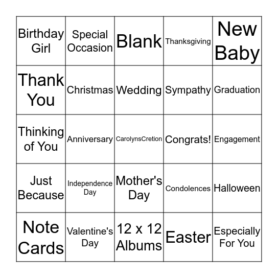 CarolynsCreation Bingo Card