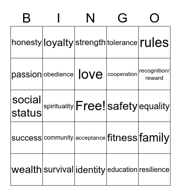 Values Bingo Card
