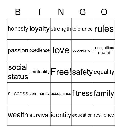 Values Bingo Card