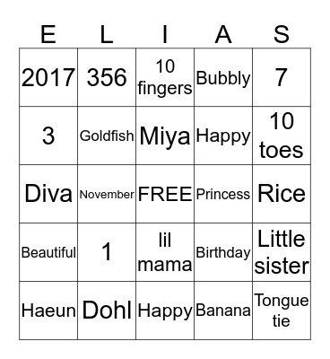MIYA 1st BIRTHDAY Bingo Card