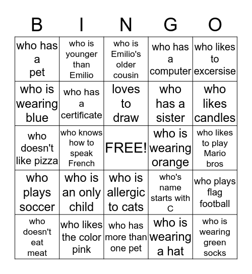 Emilio's Bingo Card