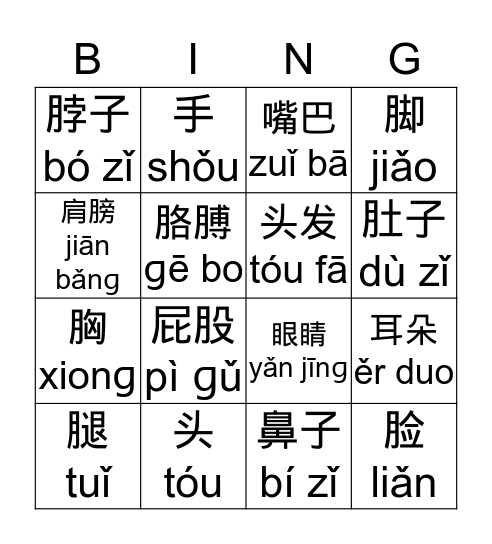 身体shēn tǐ  Bingo Card