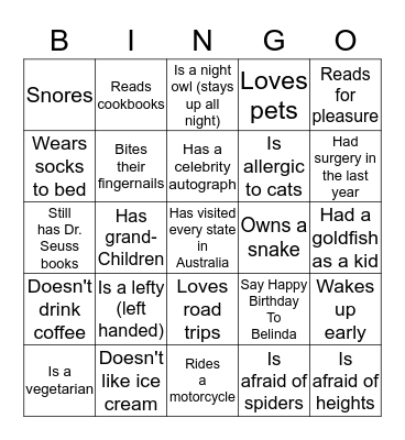 Belinda's Birthday Bingo Card