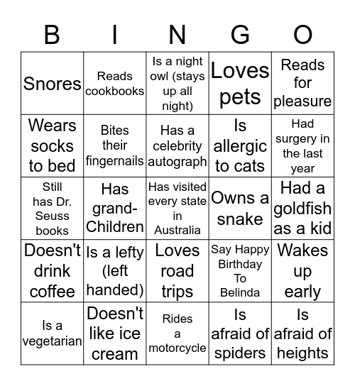 Belinda's Birthday Bingo Card