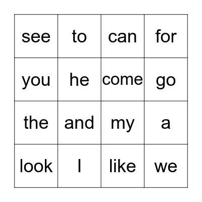 Sight Words Bingo Card