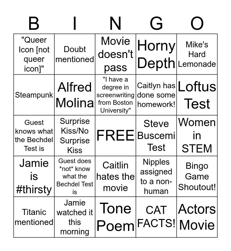 Bechdel Cast Bingo Card