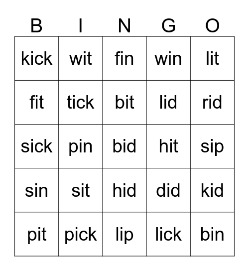 SHORT i Bingo Card