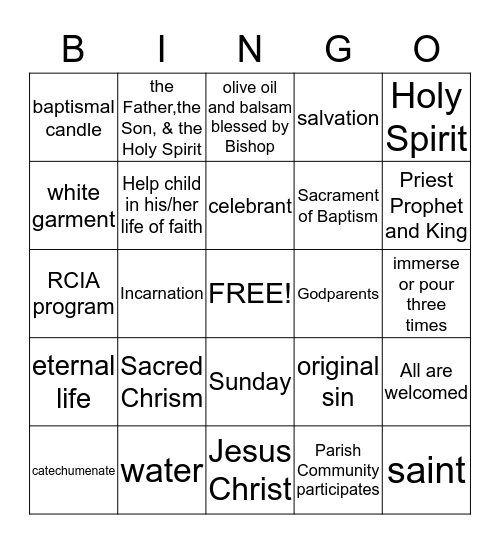 Chapter 5 Baptism Bingo Card