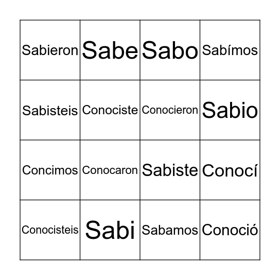 Preterite Bingo Card