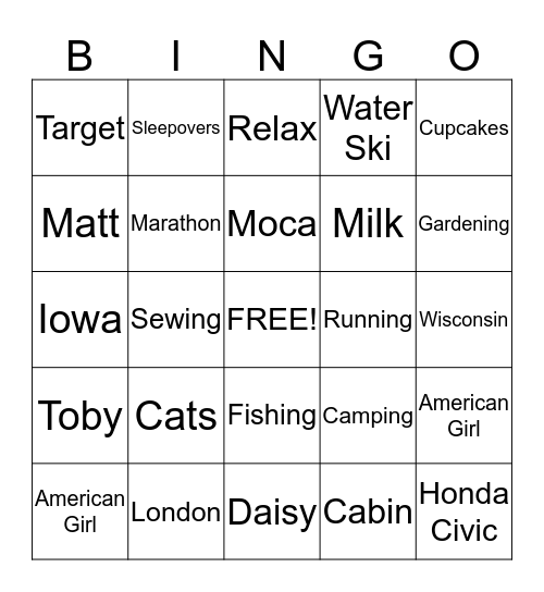 Erin and Matt Bingo Card