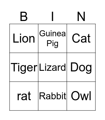 Animal Bingo Card