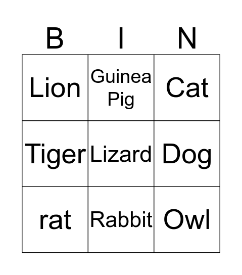 Animal Bingo Card
