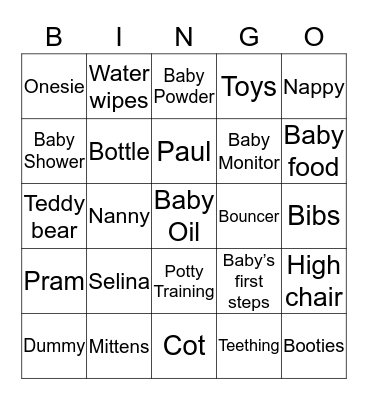 Selina's Baby Shower Bingo Card