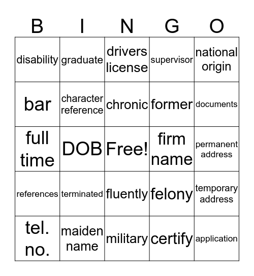 Job Application Words Bingo Card