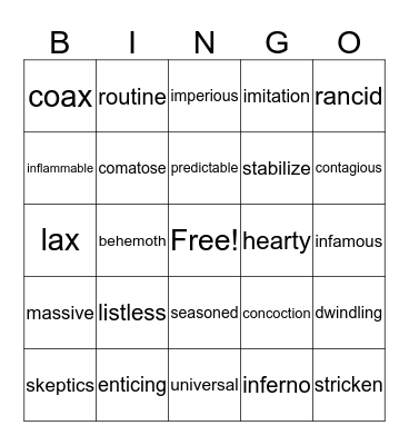 Vocabulary Bingo Card