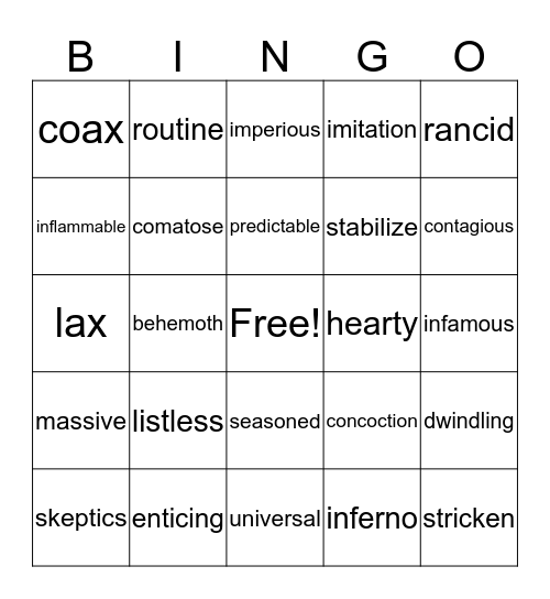 Vocabulary Bingo Card