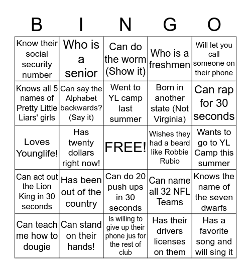 Warwick YL BINGO Card