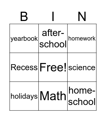 School Bingo Card