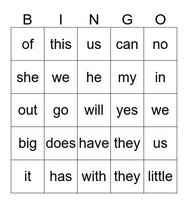 February Sight Words - Kinder Bingo Card