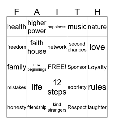 Faith House Bingo Card