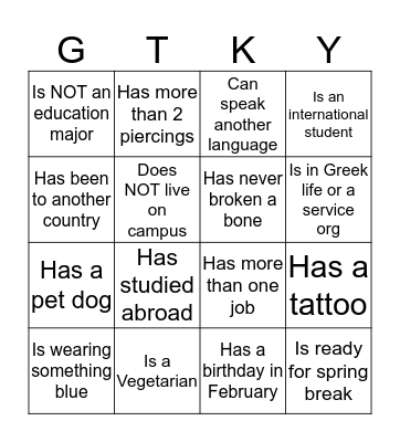 Getting to know you Bingo Card