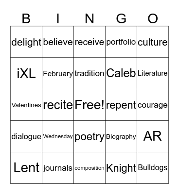 6th Graden BINGO Card