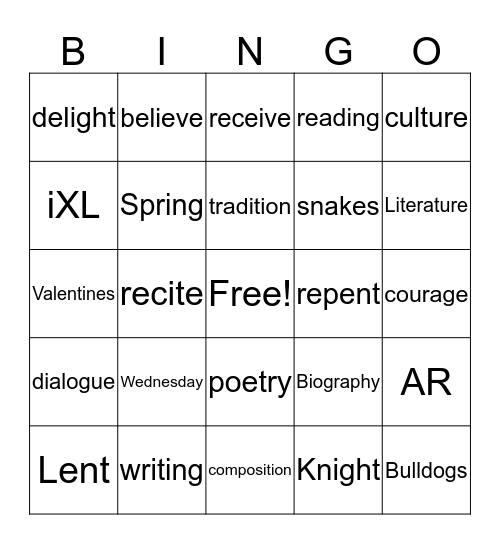 6th Graden BINGO Card