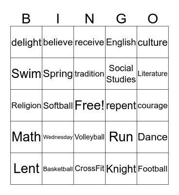 6th Graden BINGO Card