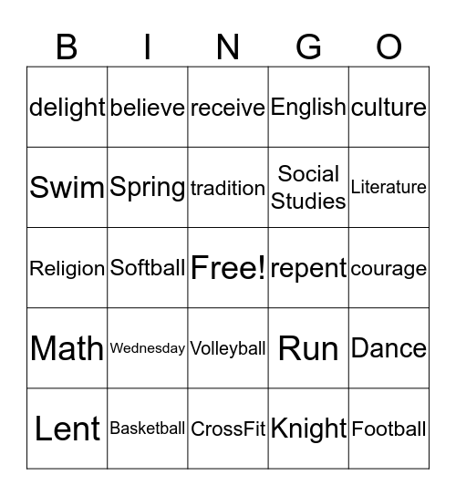 6th Graden BINGO Card