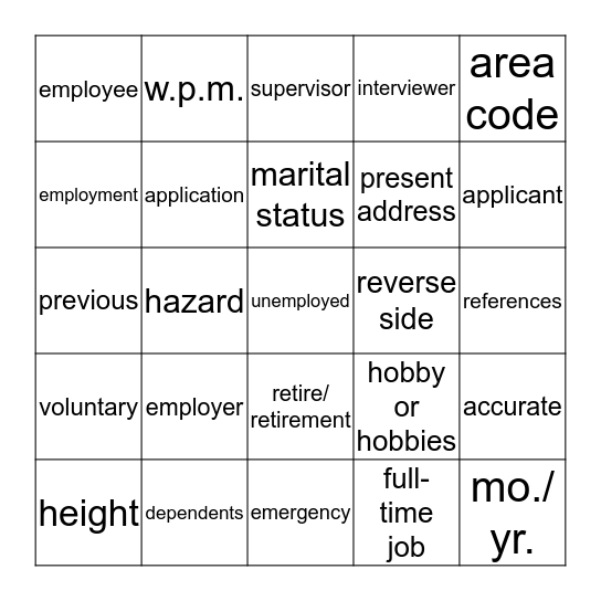 Job Application Words Bingo Card