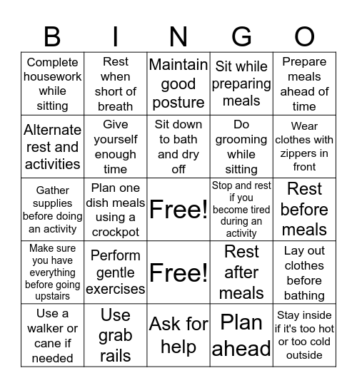 Energy!  Bingo Card