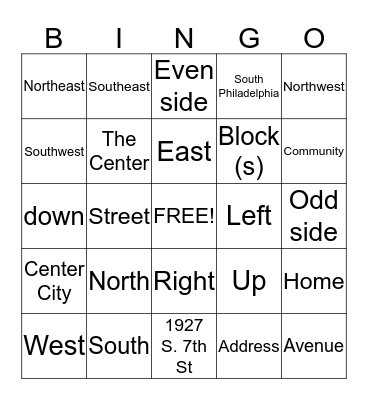 Mapping & Directions Bingo Card