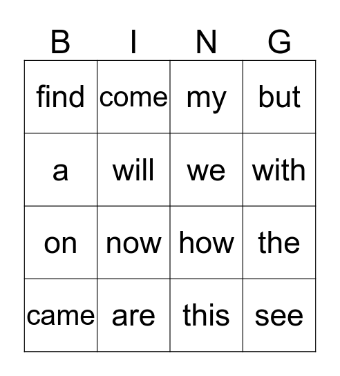 Kinder High Frequency Words 17-33 Bingo Card