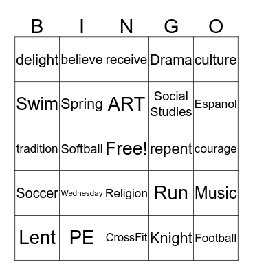 6th Graden BINGO Card