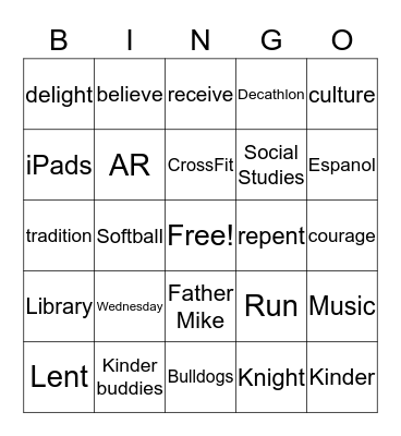 6th Graden BINGO Card